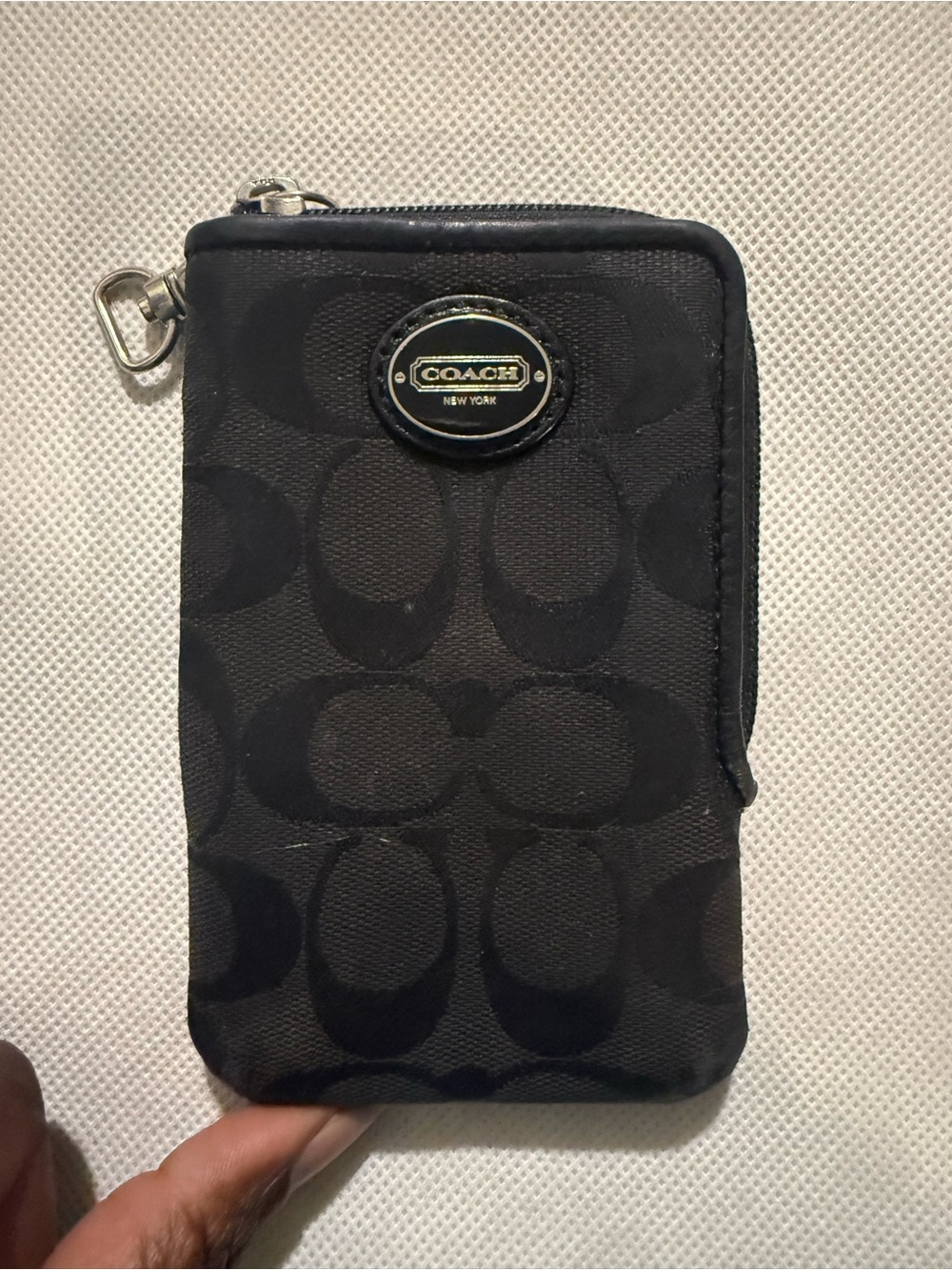 Coach Black Signature Zip Phone Wallet with Logo Plaque